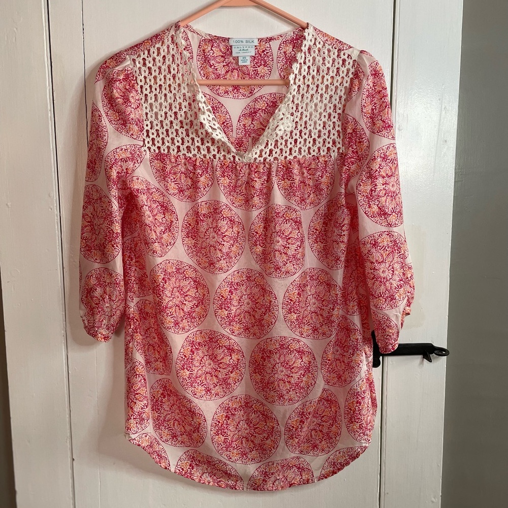 Calypso St. Barth For Target Co-Lab 100% Silk Pink Crochet-Yoke Blouse Size XS
